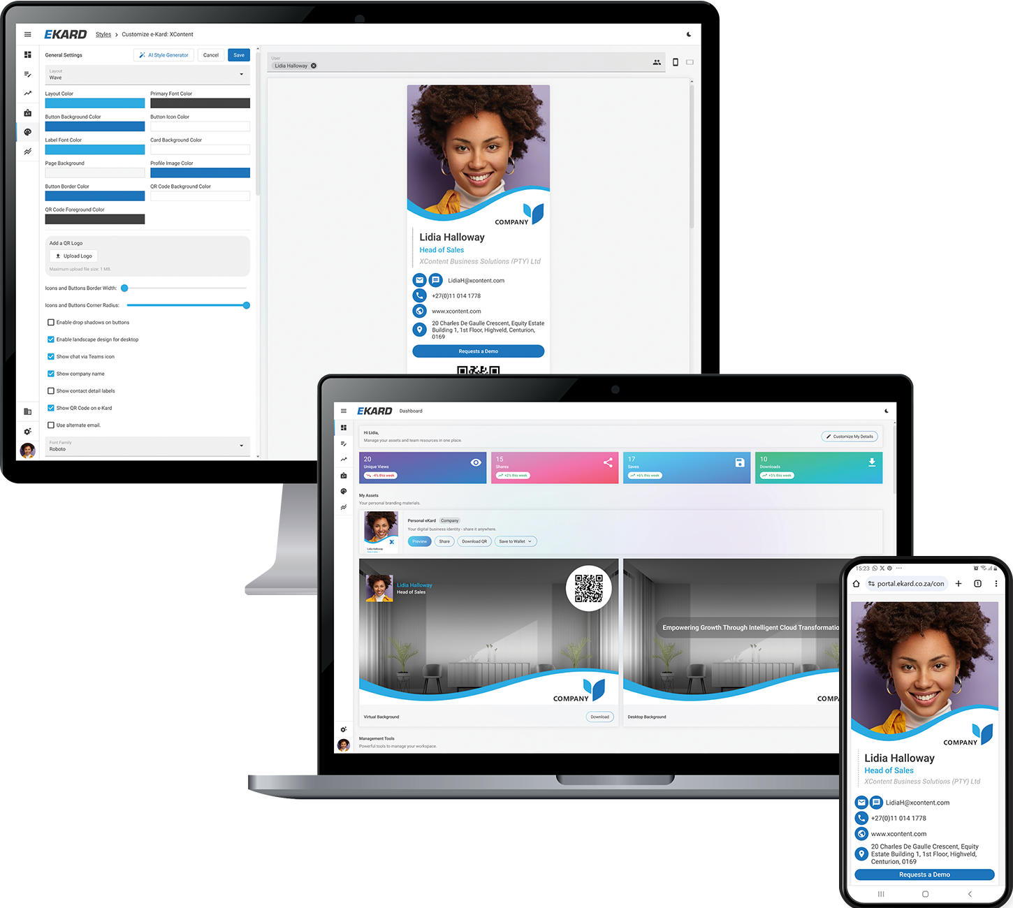 Ekard on desktop, laptop and phone: the card customisation screen, the user dashboard with views, shares, saves and downloads, and a digital card