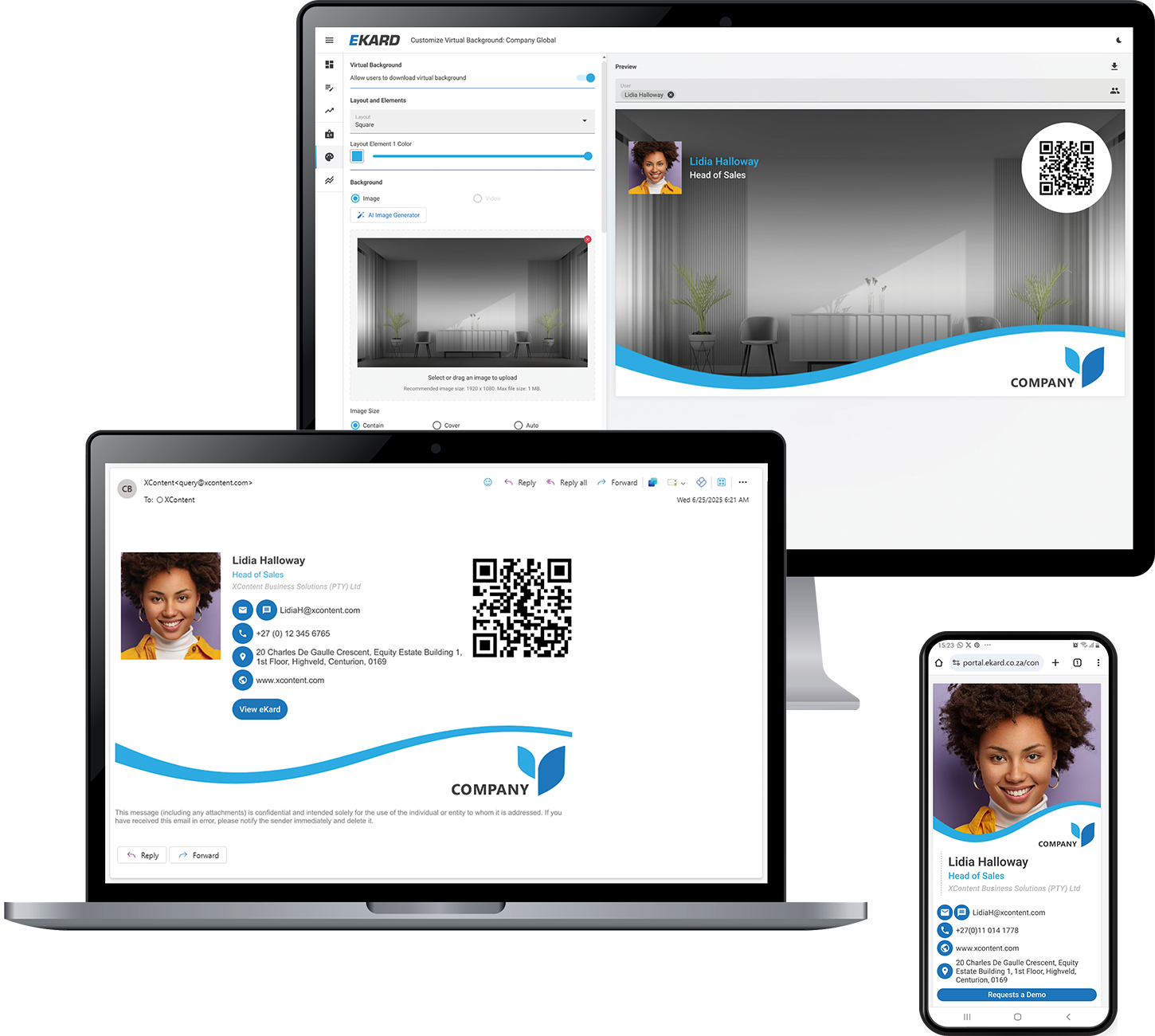 An Ekard email signature in Outlook, a branded Microsoft Teams virtual background being customised, and a digital card on a phone