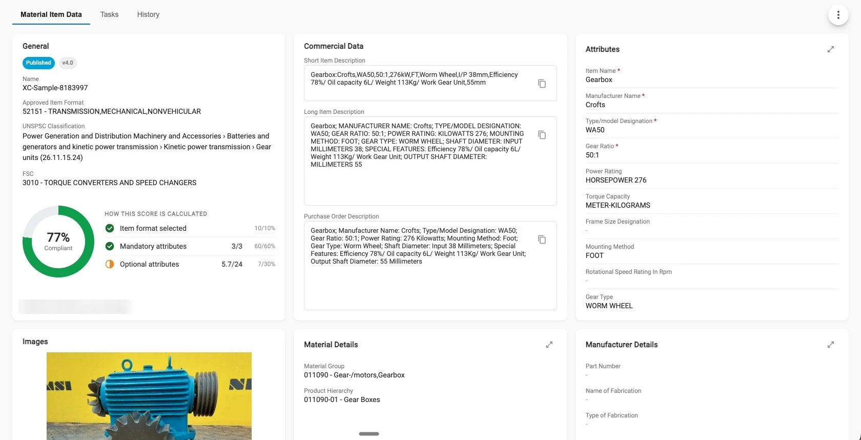 Nexus material item record for a gearbox, showing a 77% compliance score with how it is calculated, generated short, long and purchase order descriptions, and the item attributes